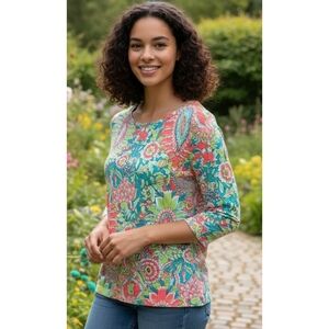 Talbots Boatneck Floral Paisley Print 3/4 sleeve tee Multicolor Size LP